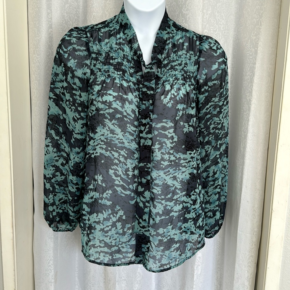 Bellatrix Sheer Black and Teal Patterned Long-Sleeve Blouse